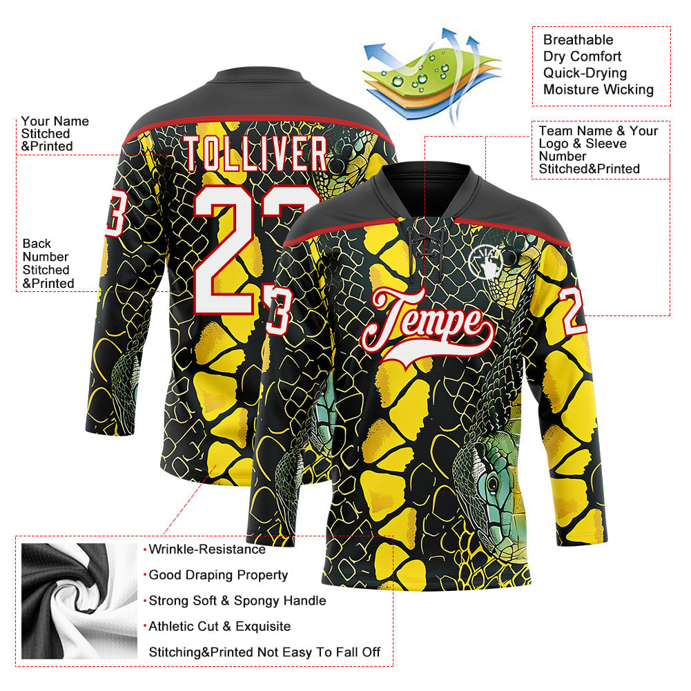 Custom Black White Yellow-Red Snake Skin Print Hockey Lace Neck Jersey view 5