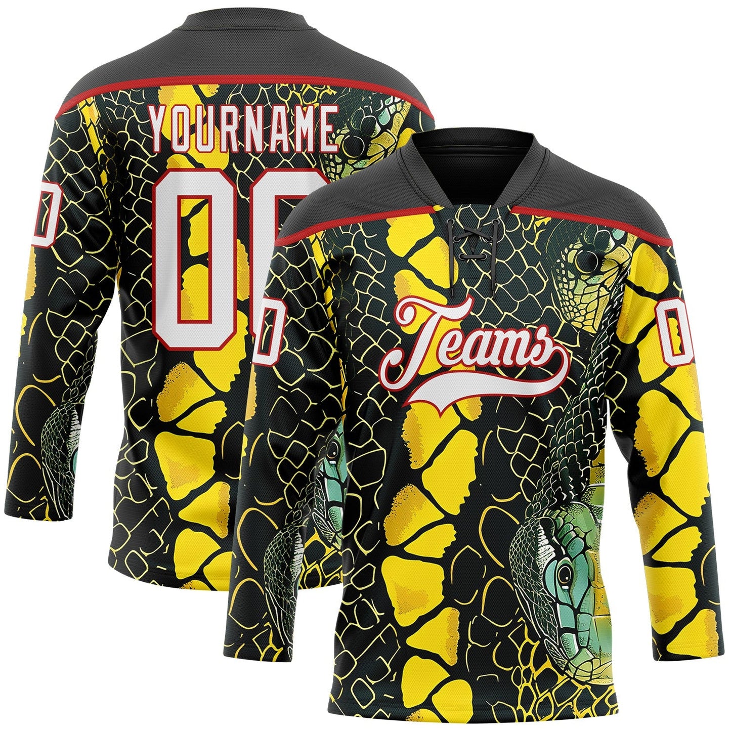 Custom Black White Yellow-Red Snake Skin Print Hockey Lace Neck Jersey - Main View