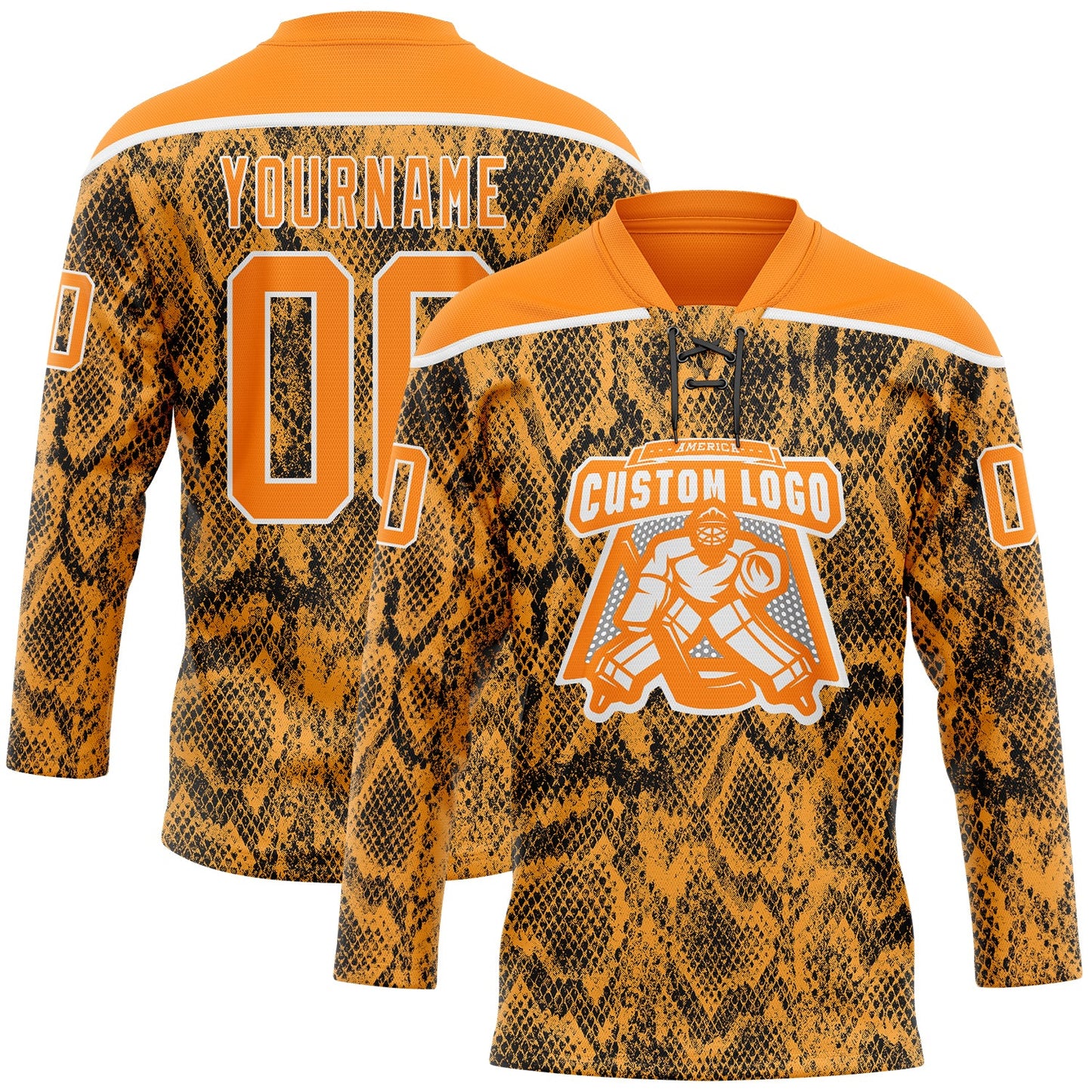 Custom Bay Orange Black-White Snake Skin Print Hockey Lace Neck Jersey view 2
