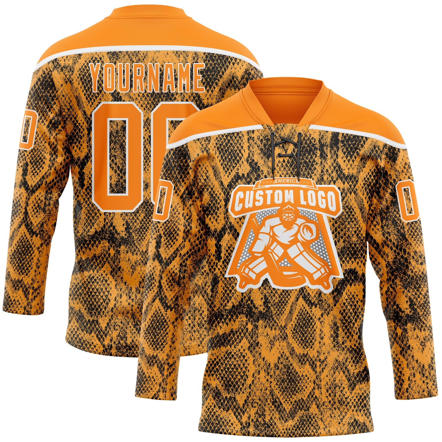 Custom Bay Orange Black-White Snake Skin Print Hockey Lace Neck Jersey view 2