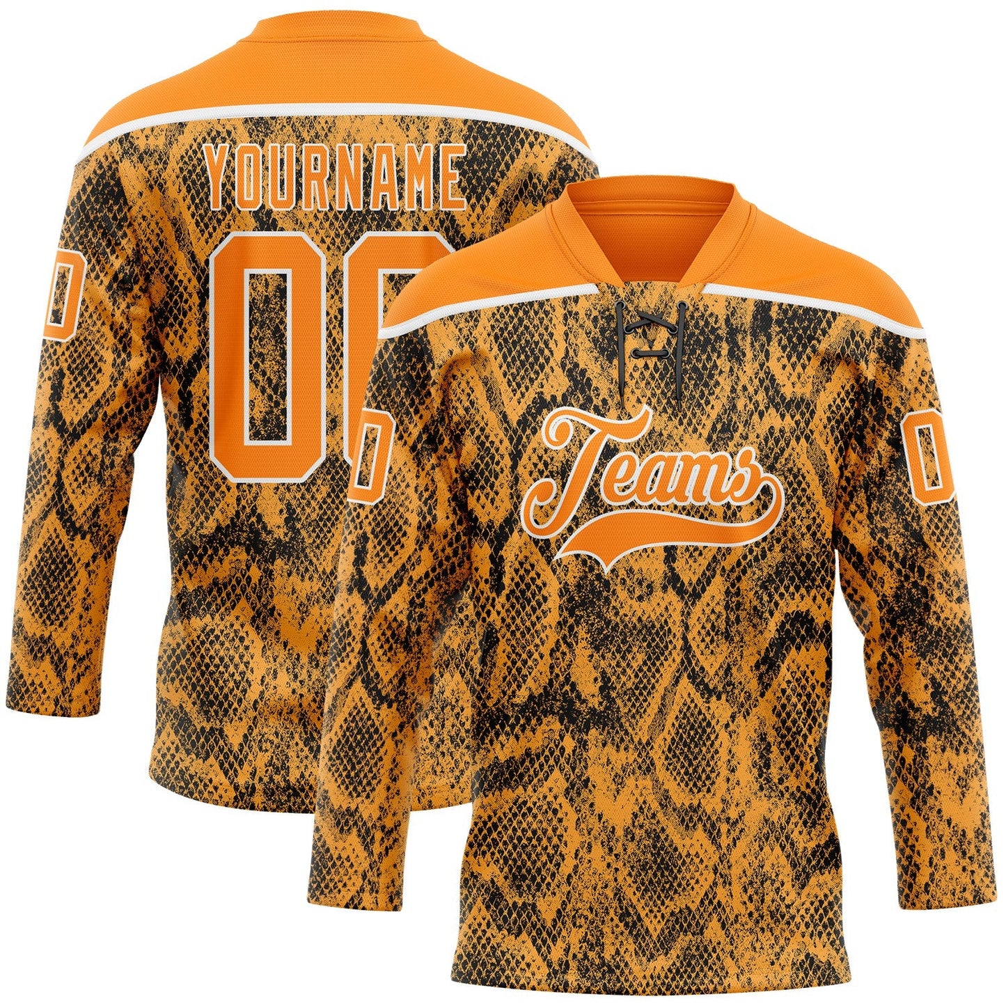 Custom Bay Orange Black-White Snake Skin Print Hockey Lace Neck Jersey - Main View
