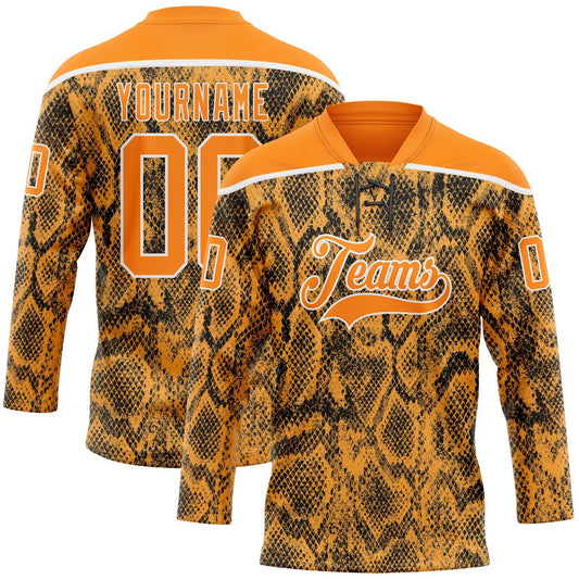 Custom Bay Orange Black-White Snake Skin Print Hockey Lace Neck Jersey - Main View