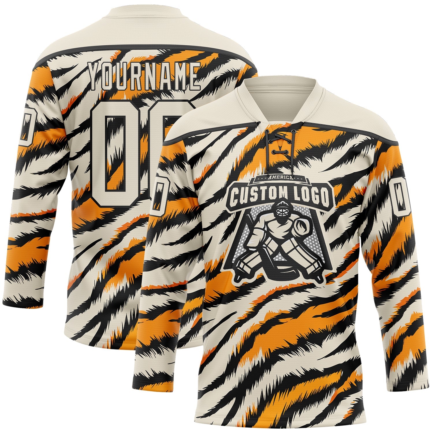 Custom Cream Orange-Black Tiger Stripes Print Hockey Lace Neck Jersey view 2