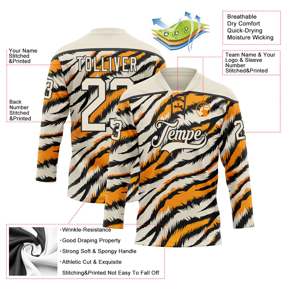 Custom Cream Orange-Black Tiger Stripes Print Hockey Lace Neck Jersey view 5
