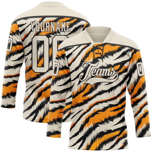 Custom Cream Orange-Black Tiger Stripes Print Hockey Lace Neck Jersey - Main View