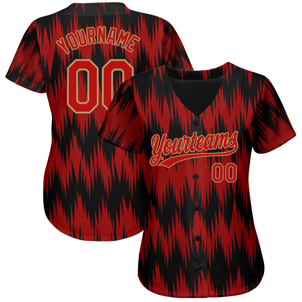 Custom Red Red Old Gold-Black 3D Pattern Design Authentic Baseball Jersey view 2
