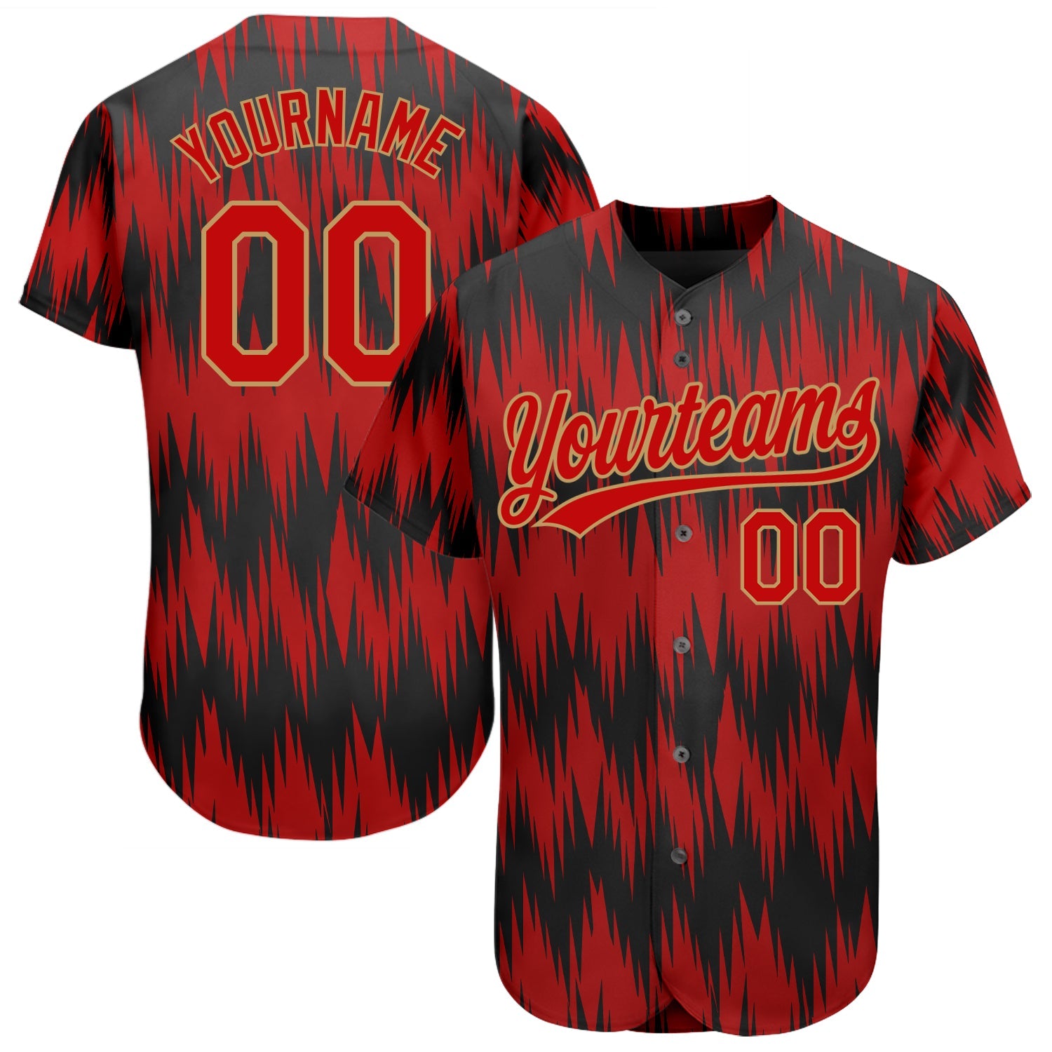 Custom Red Red Old Gold-Black 3D Pattern Design Authentic Baseball Jersey - Main View