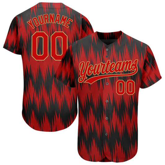 Custom Red Red Old Gold-Black 3D Pattern Design Authentic Baseball Jersey - Main View