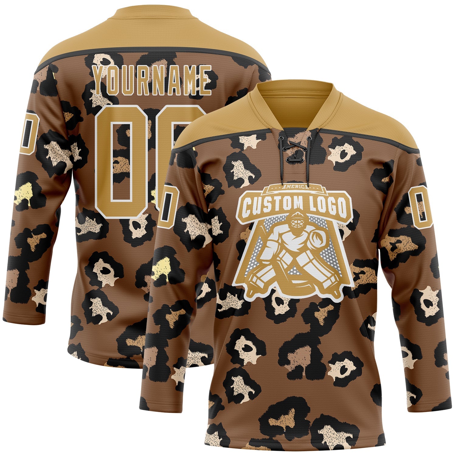 Custom Brown Old Gold Black-White Leopard Print Hockey Lace Neck Jersey view 2