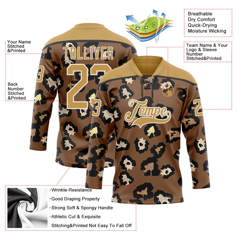 Custom Brown Old Gold Black-White Leopard Print Hockey Lace Neck Jersey view 5