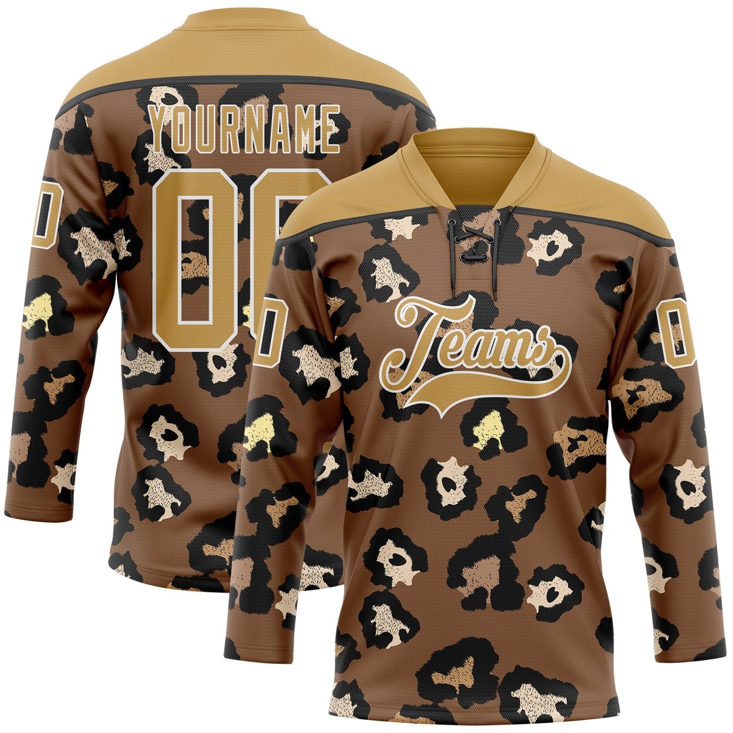 Custom Brown Old Gold Black-White Leopard Print Hockey Lace Neck Jersey - Main View