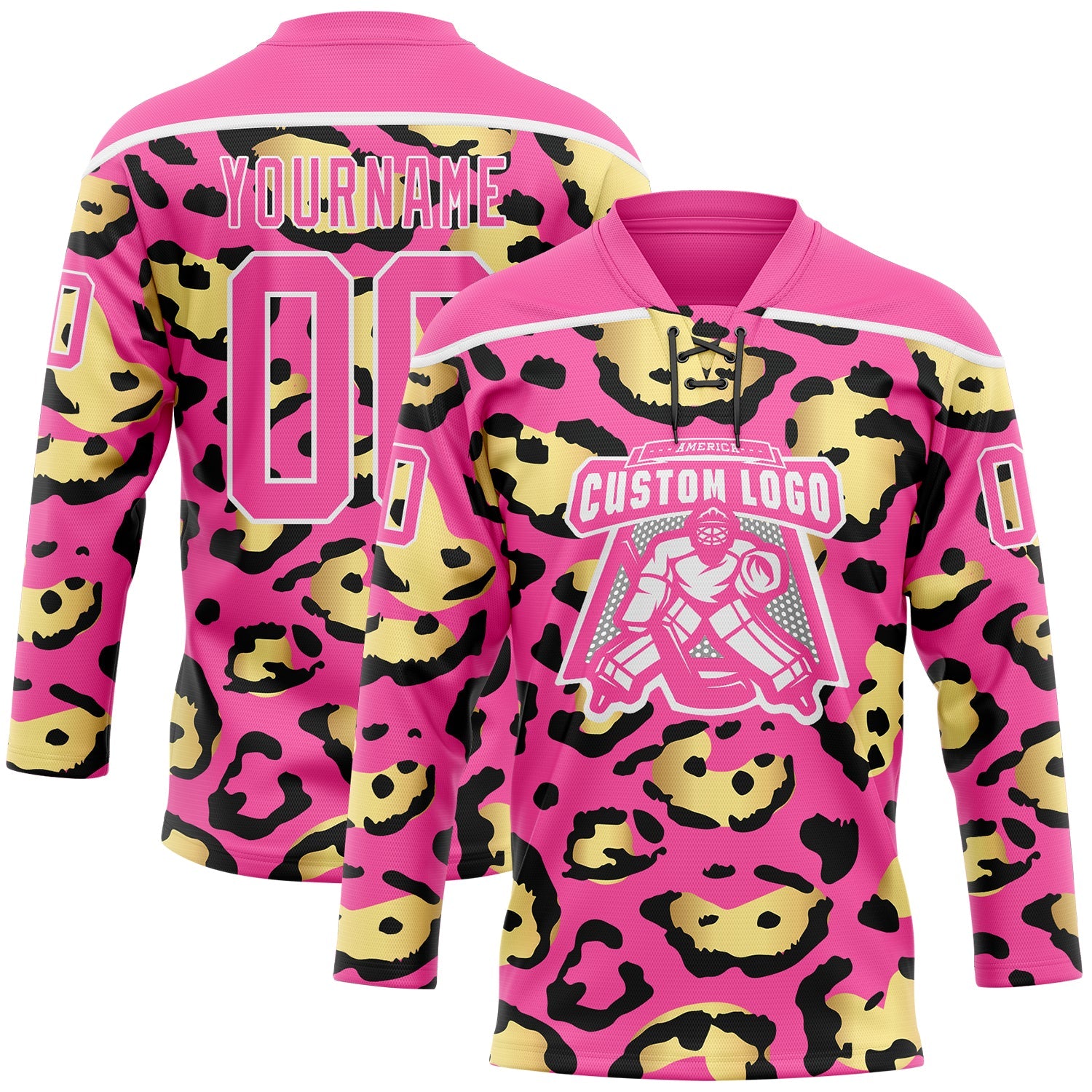 Custom Pink Yellow Black-White Leopard Print Hockey Lace Neck Jersey view 2