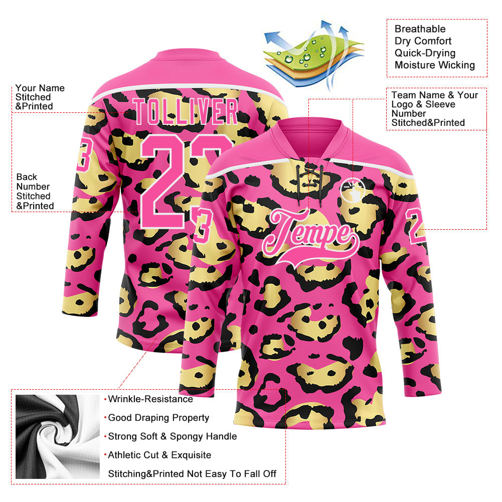 Custom Pink Yellow Black-White Leopard Print Hockey Lace Neck Jersey view 5