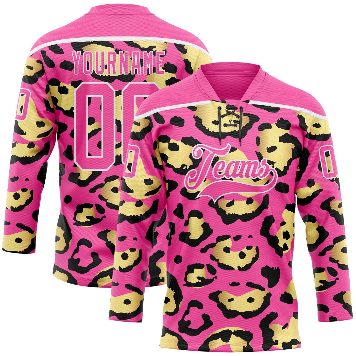 Custom Pink Yellow Black-White Leopard Print Hockey Lace Neck Jersey - Main View