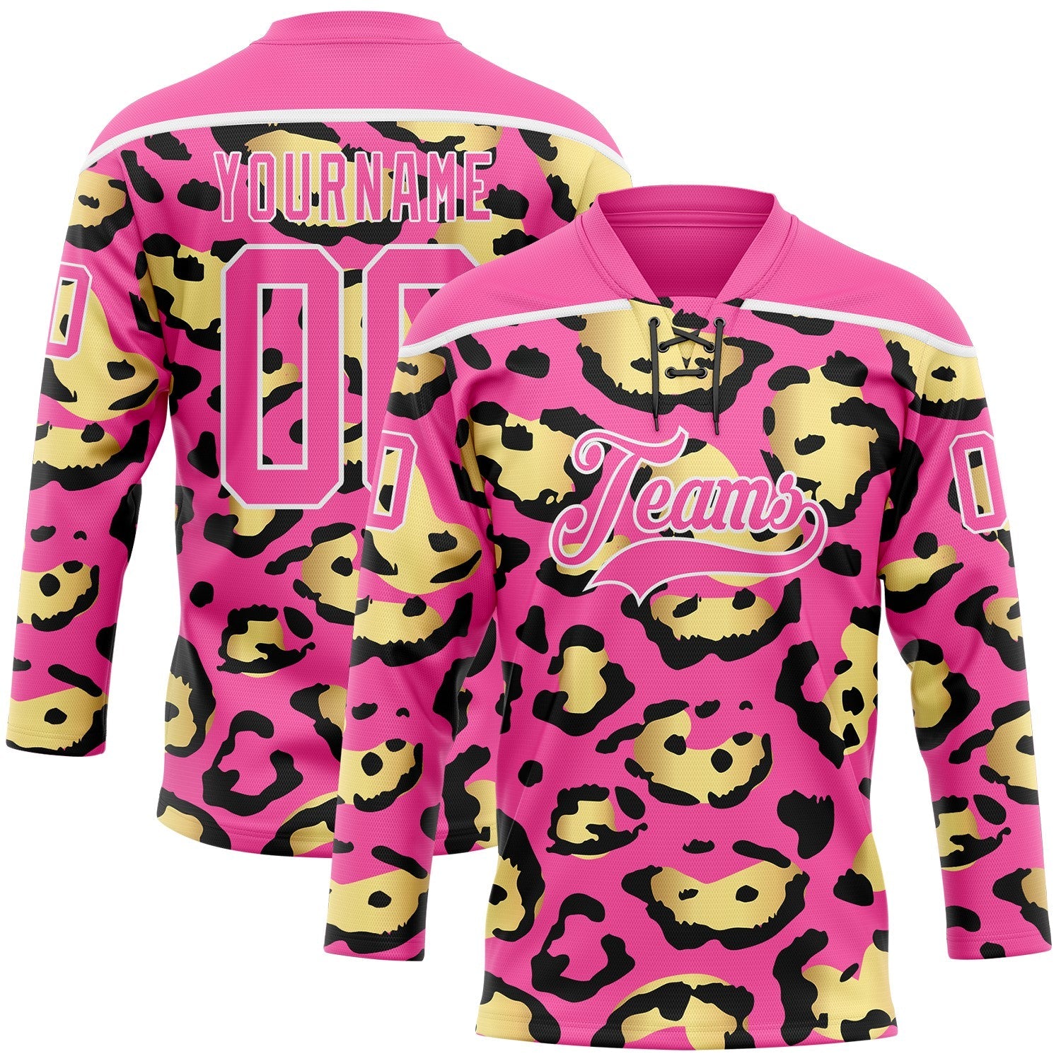 Custom Pink Yellow Black-White Leopard Print Hockey Lace Neck Jersey - Main View