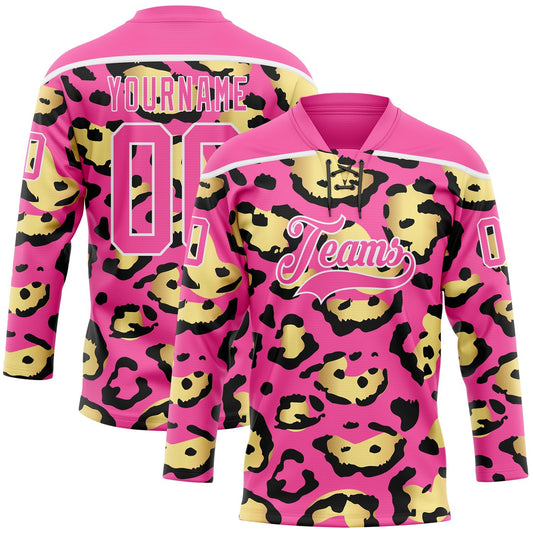 Custom Pink Yellow Black-White Leopard Print Hockey Lace Neck Jersey - Main View