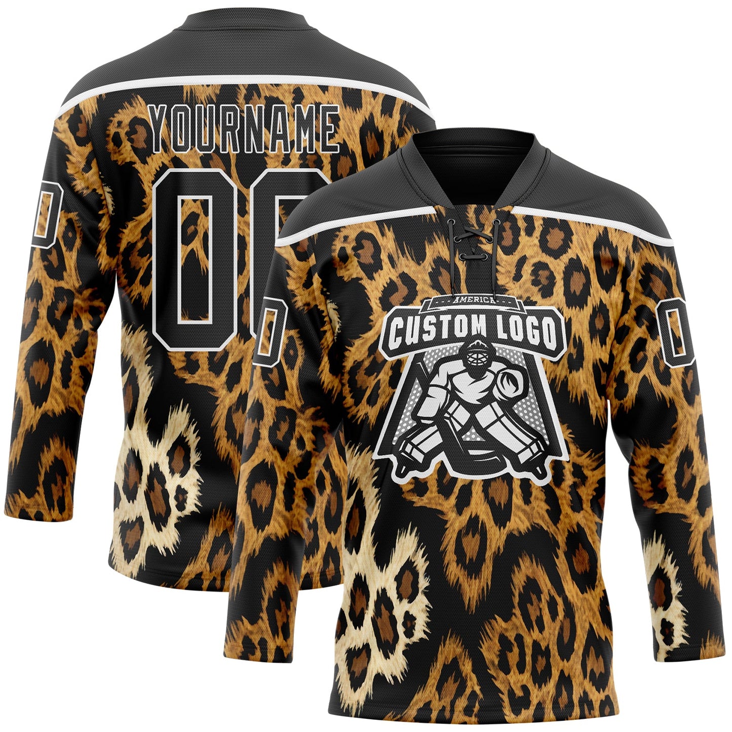Custom Black Brown Cream-White Leopard Print Hockey Lace Neck Jersey view 2