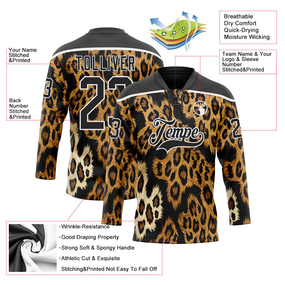 Custom Black Brown Cream-White Leopard Print Hockey Lace Neck Jersey view 5