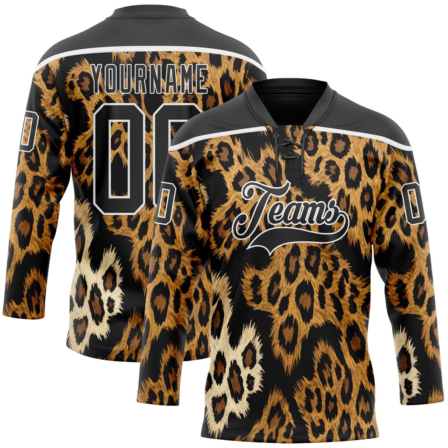 Custom Black Brown Cream-White Leopard Print Hockey Lace Neck Jersey - Main View
