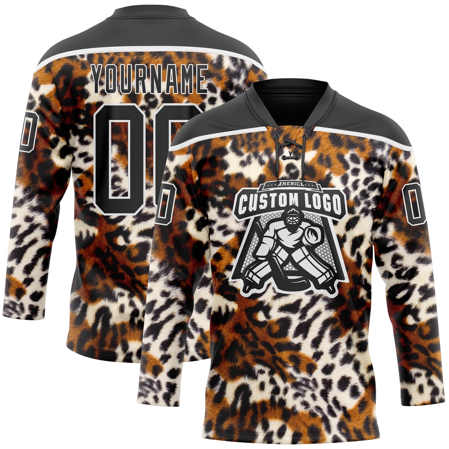 Custom Black Brown Cream-White Leopard Print Hockey Lace Neck Jersey view 2