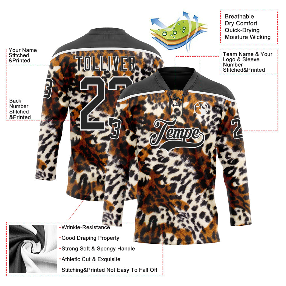 Custom Black Brown Cream-White Leopard Print Hockey Lace Neck Jersey view 5