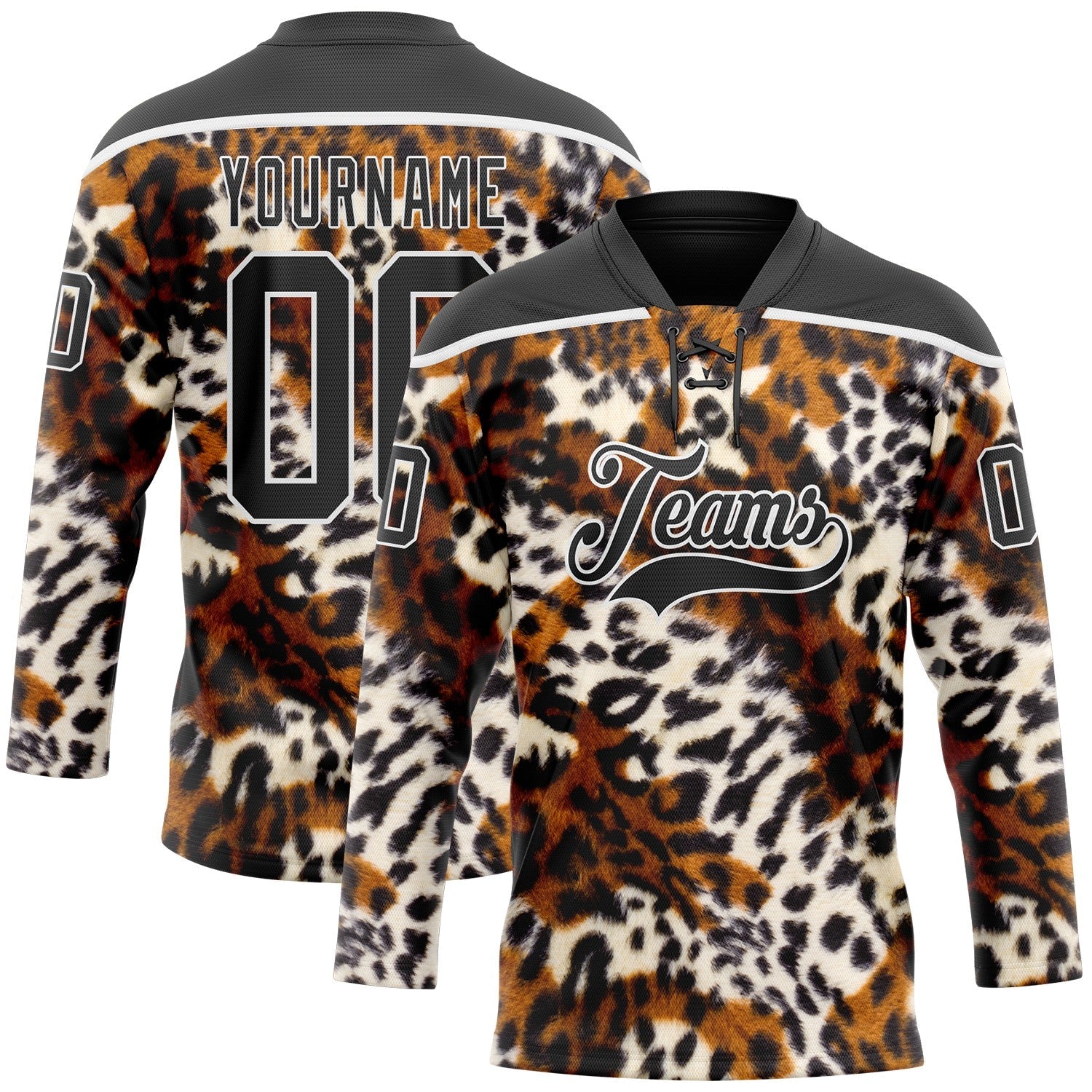 Custom Black Brown Cream-White Leopard Print Hockey Lace Neck Jersey - Main View