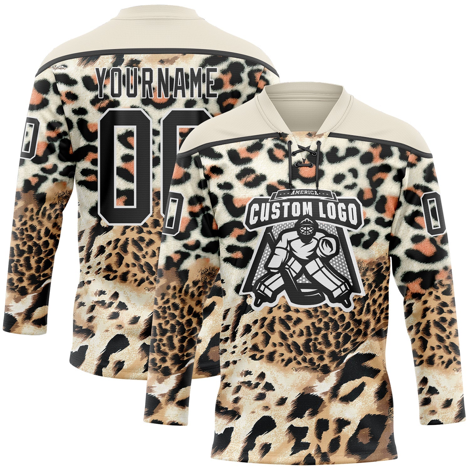Custom Cream Black Brown-White Leopard Print Hockey Lace Neck Jersey view 2