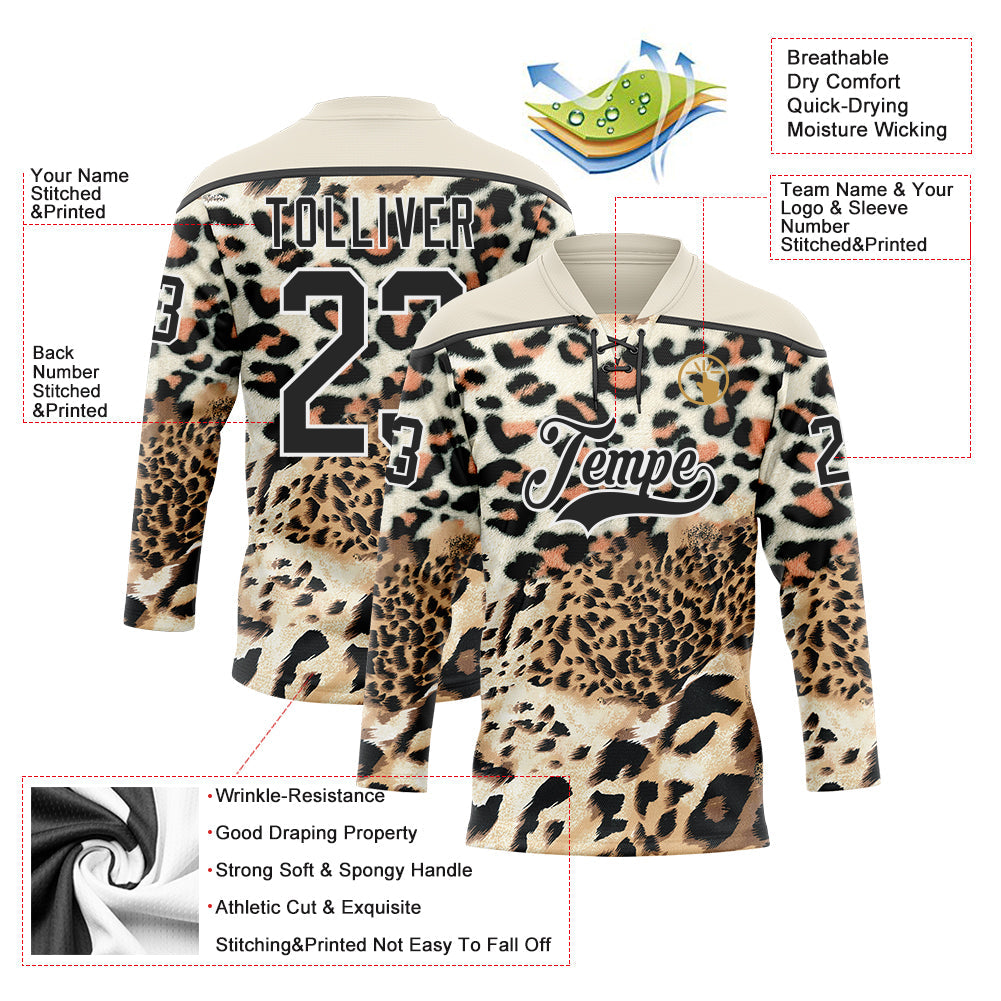 Custom Cream Black Brown-White Leopard Print Hockey Lace Neck Jersey view 5