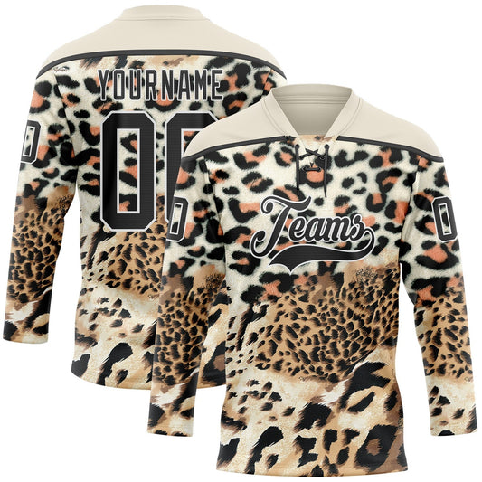 Custom Cream Black Brown-White Leopard Print Hockey Lace Neck Jersey - Main View