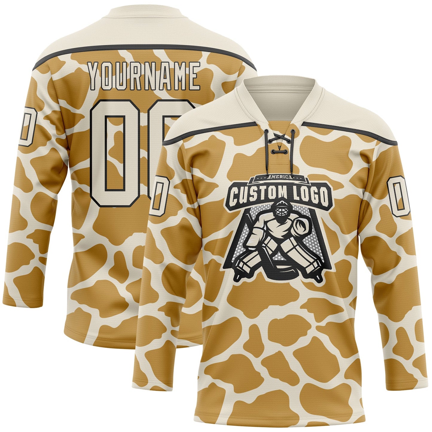 Custom Cream Old Gold-Black Giraffe Print Hockey Lace Neck Jersey view 2