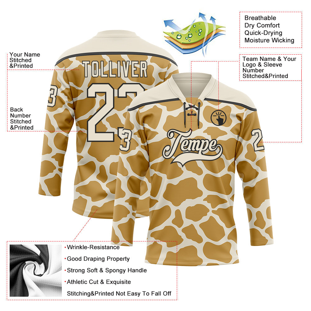 Custom Cream Old Gold-Black Giraffe Print Hockey Lace Neck Jersey view 5