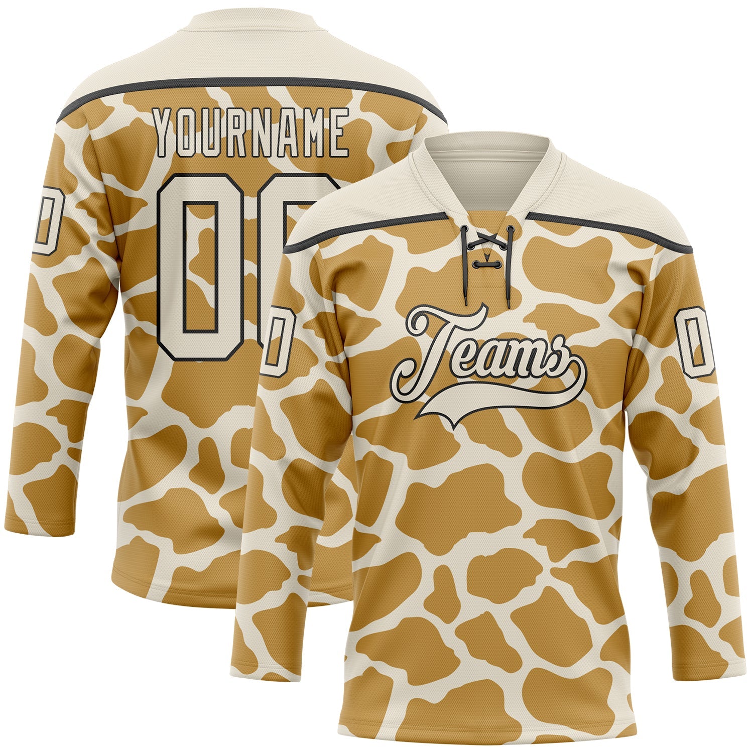 Custom Cream Old Gold-Black Giraffe Print Hockey Lace Neck Jersey - Main View