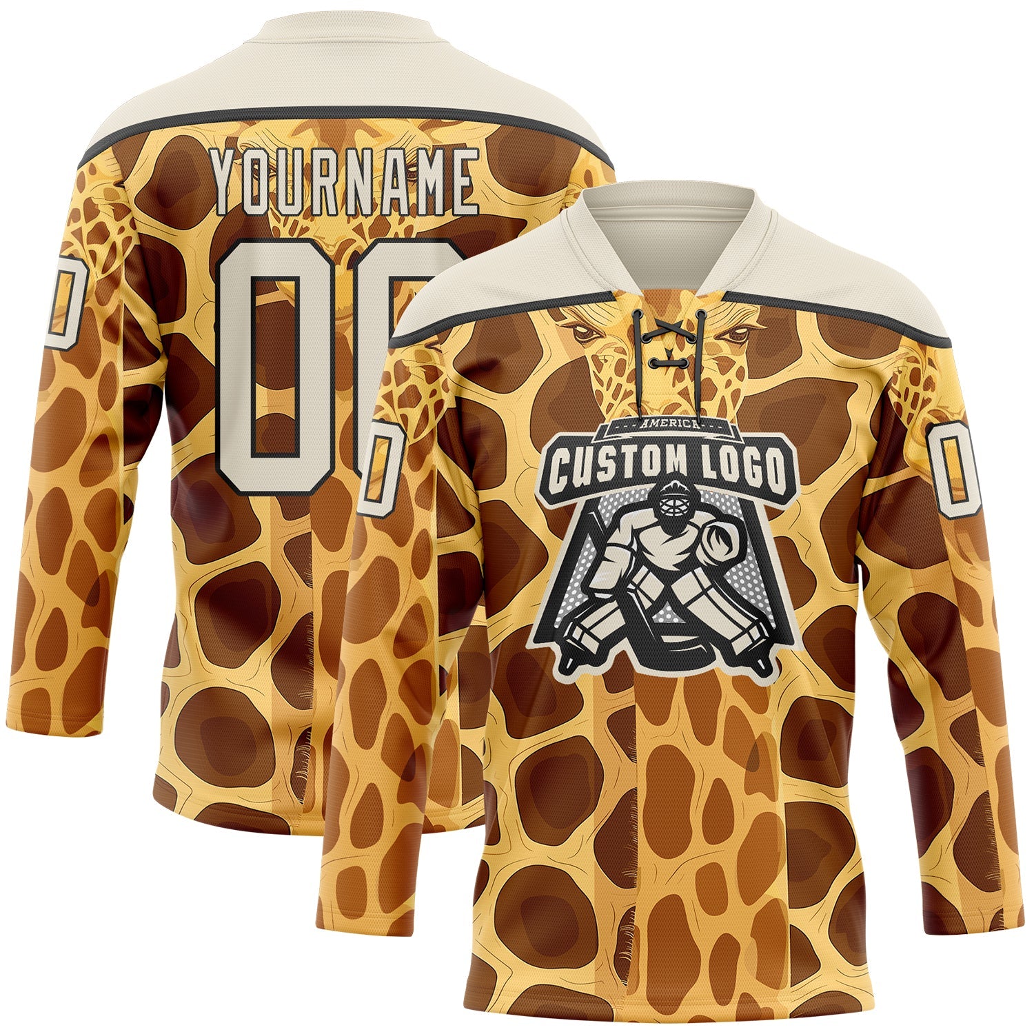 Custom Yellow Cream Brown-Black Giraffe Print Hockey Lace Neck Jersey view 2