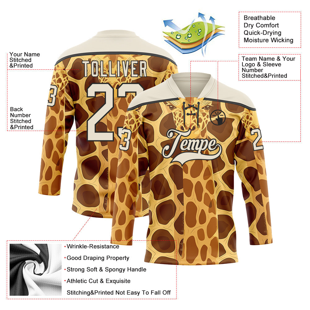 Custom Yellow Cream Brown-Black Giraffe Print Hockey Lace Neck Jersey view 5