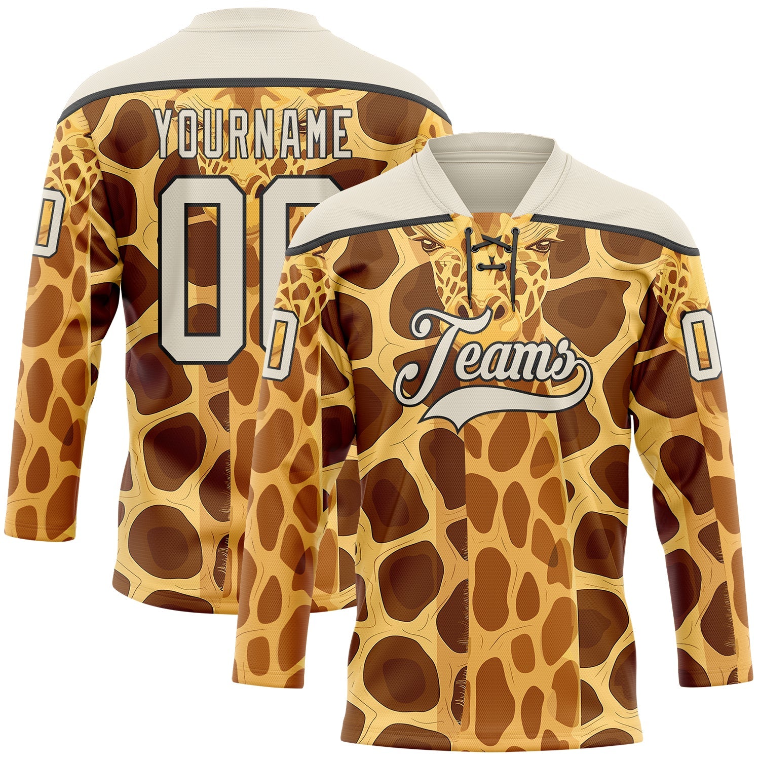 Custom Yellow Cream Brown-Black Giraffe Print Hockey Lace Neck Jersey - Main View