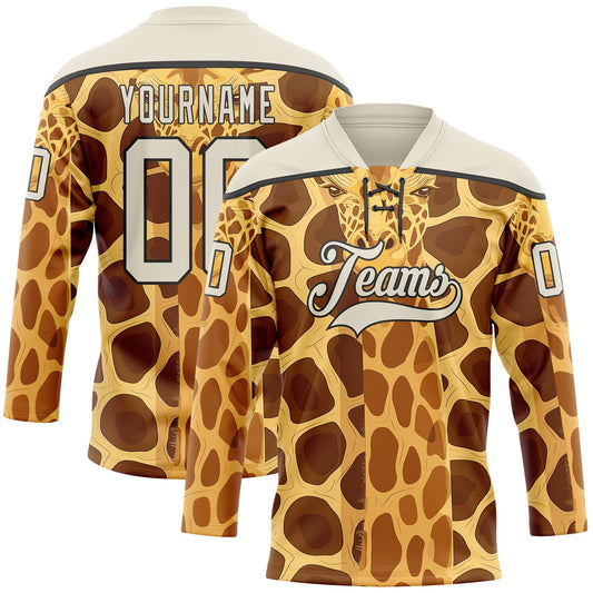 Custom Yellow Cream Brown-Black Giraffe Print Hockey Lace Neck Jersey - Main View