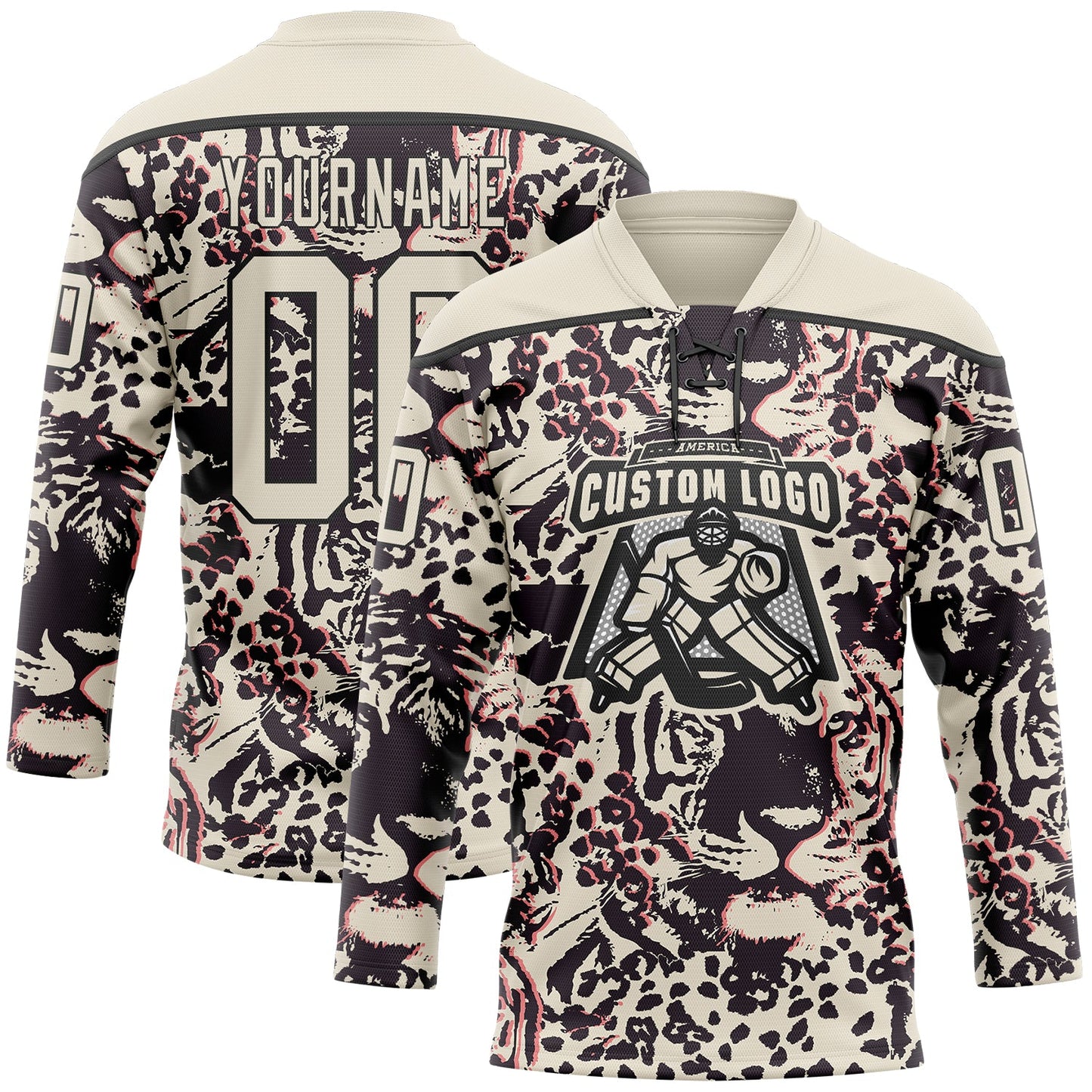 Custom Cream Black-Pink Tiger Print Hockey Lace Neck Jersey view 2