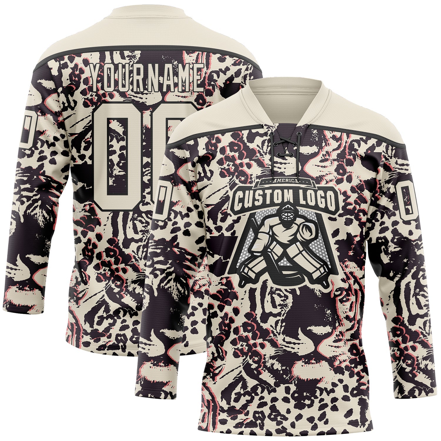 Custom Cream Black-Pink Tiger Print Hockey Lace Neck Jersey view 2
