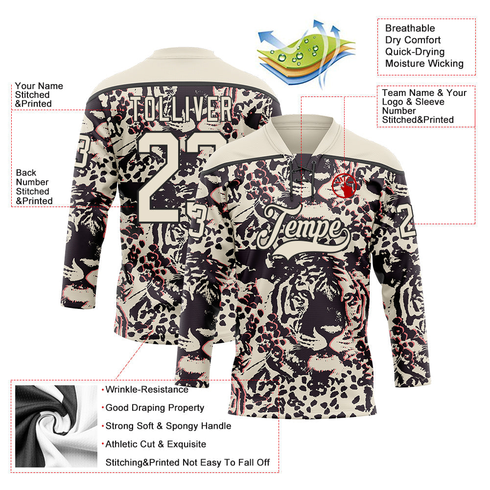 Custom Cream Black-Pink Tiger Print Hockey Lace Neck Jersey view 5