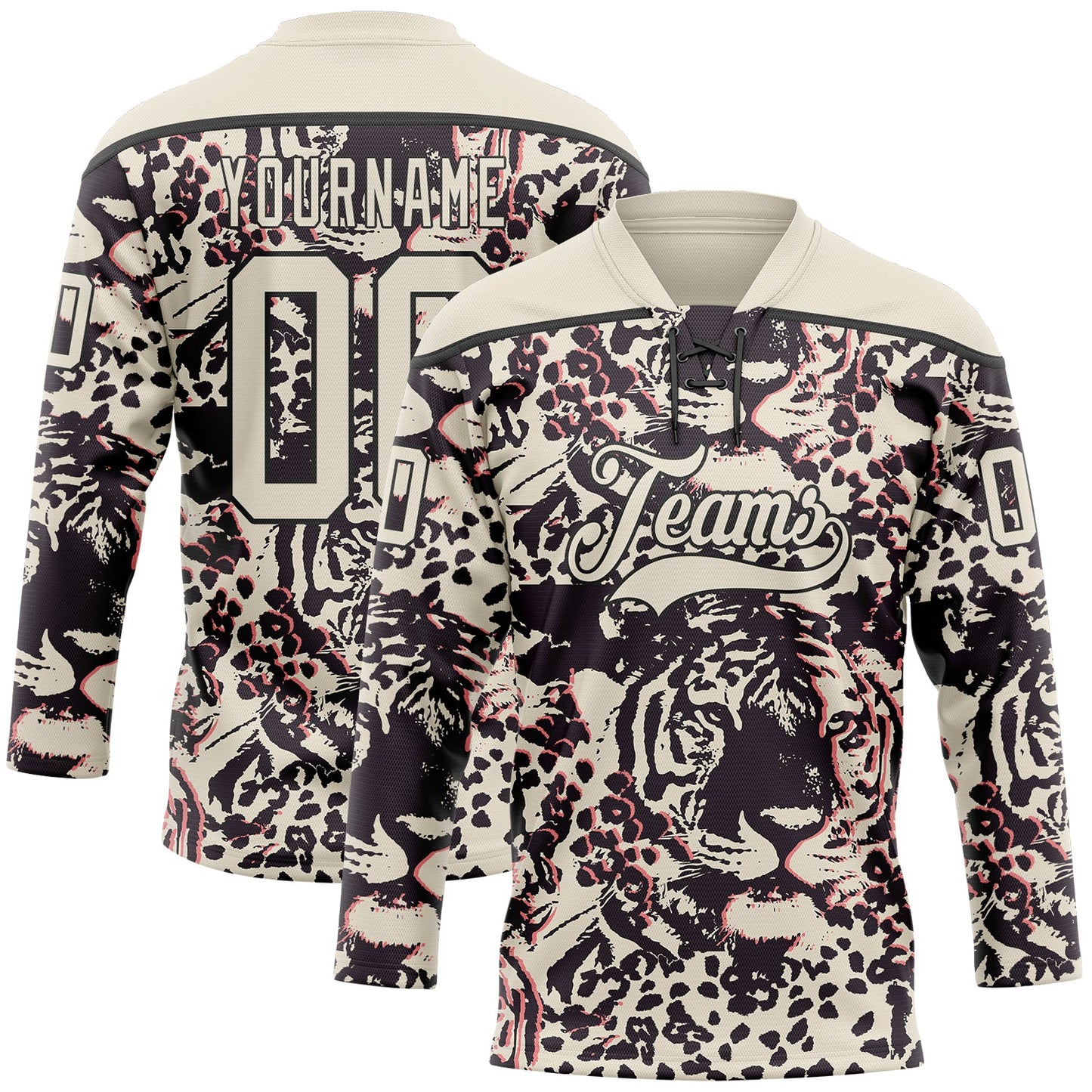 Custom Cream Black-Pink Tiger Print Hockey Lace Neck Jersey - Main View