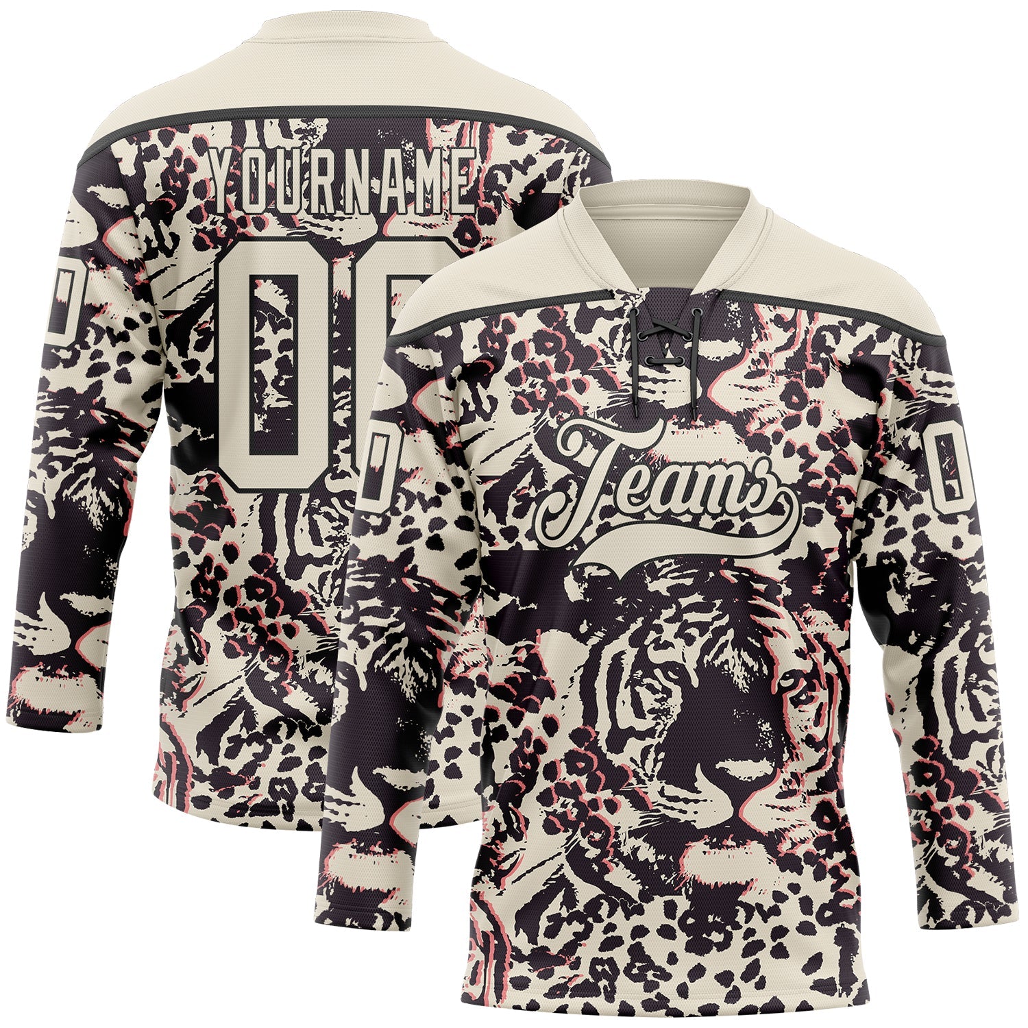 Custom Cream Black-Pink Tiger Print Hockey Lace Neck Jersey - Main View