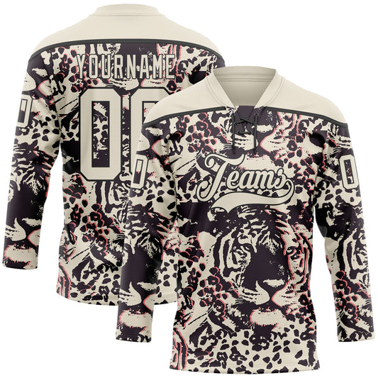 Custom Cream Black-Pink Tiger Print Hockey Lace Neck Jersey - Main View