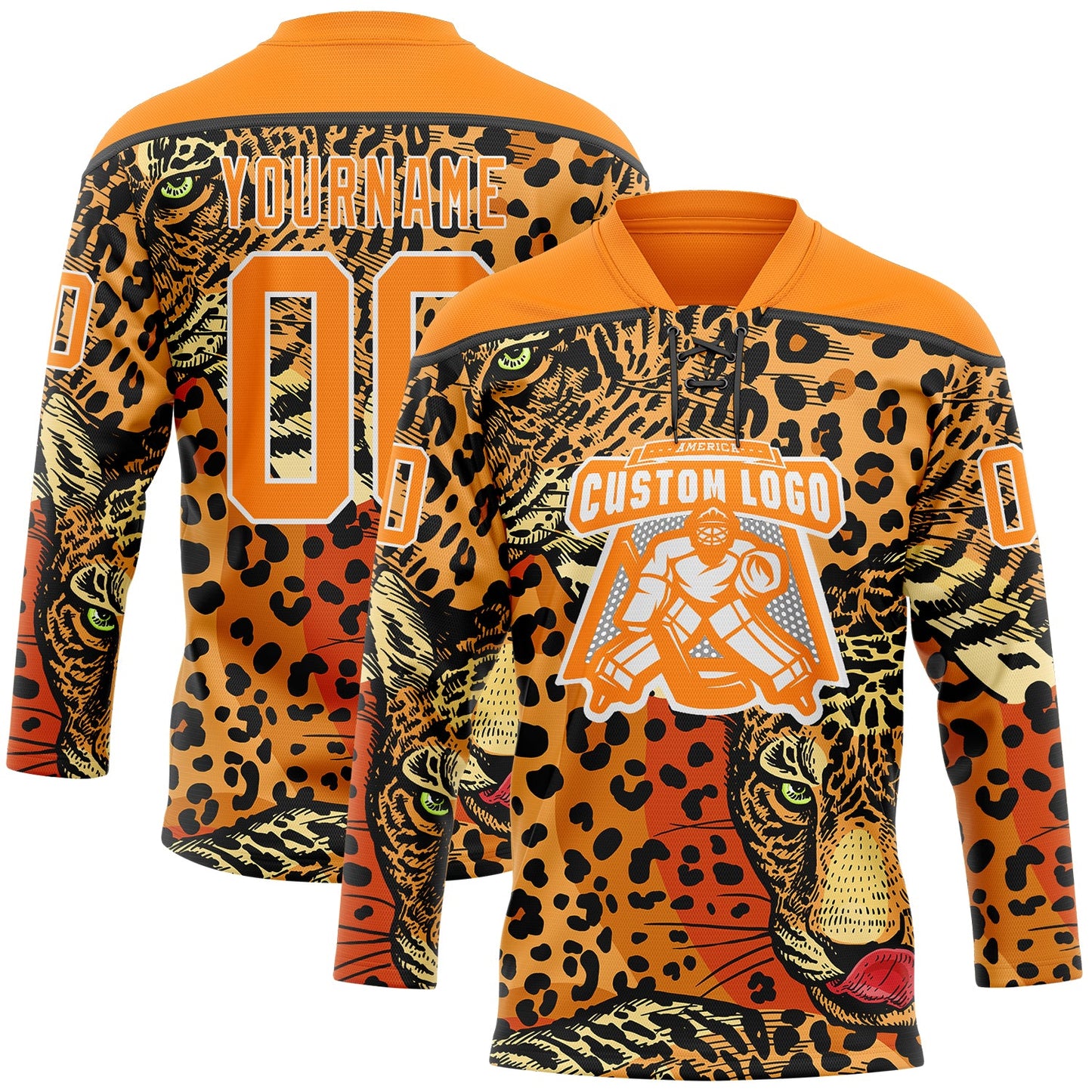 Custom Bay Orange Black-White Leopard Print Hockey Lace Neck Jersey view 2