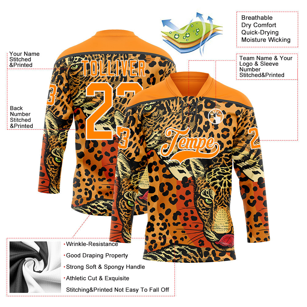Custom Bay Orange Black-White Leopard Print Hockey Lace Neck Jersey view 5