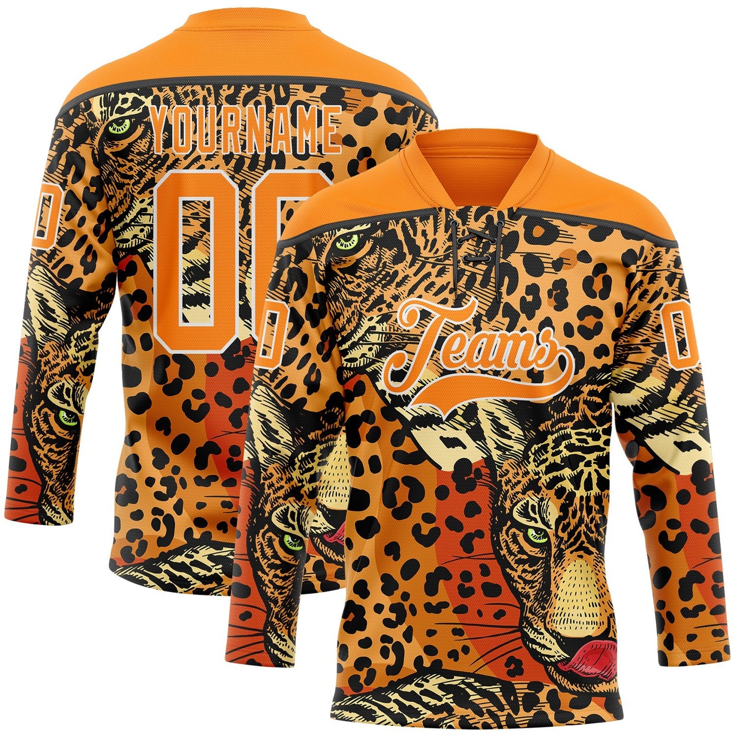 Custom Bay Orange Black-White Leopard Print Hockey Lace Neck Jersey - Main View
