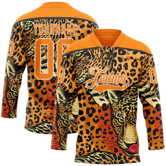 Custom Bay Orange Black-White Leopard Print Hockey Lace Neck Jersey - Main View