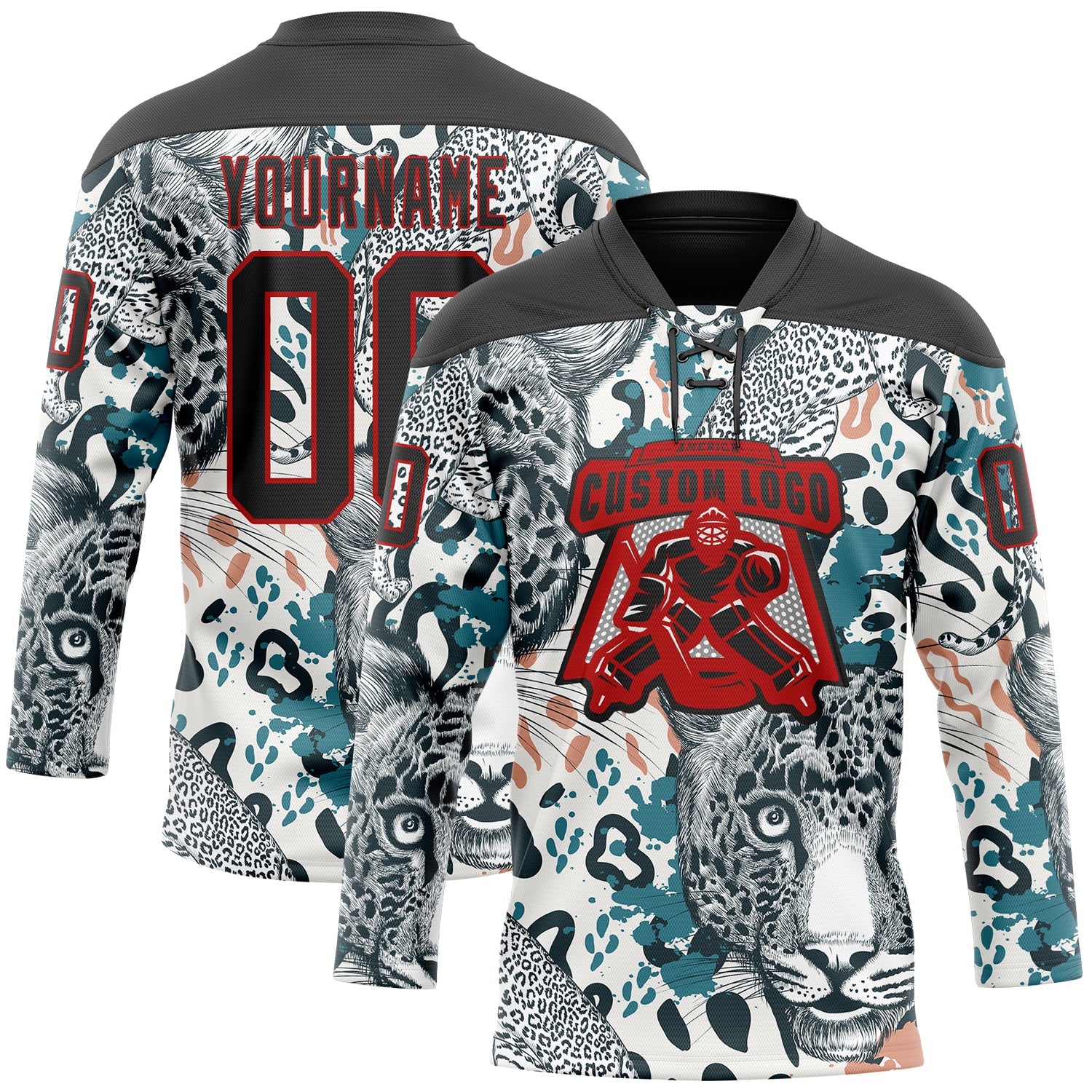 Custom White Black Blue-Red Leopard Hockey Lace Neck Jersey view 2