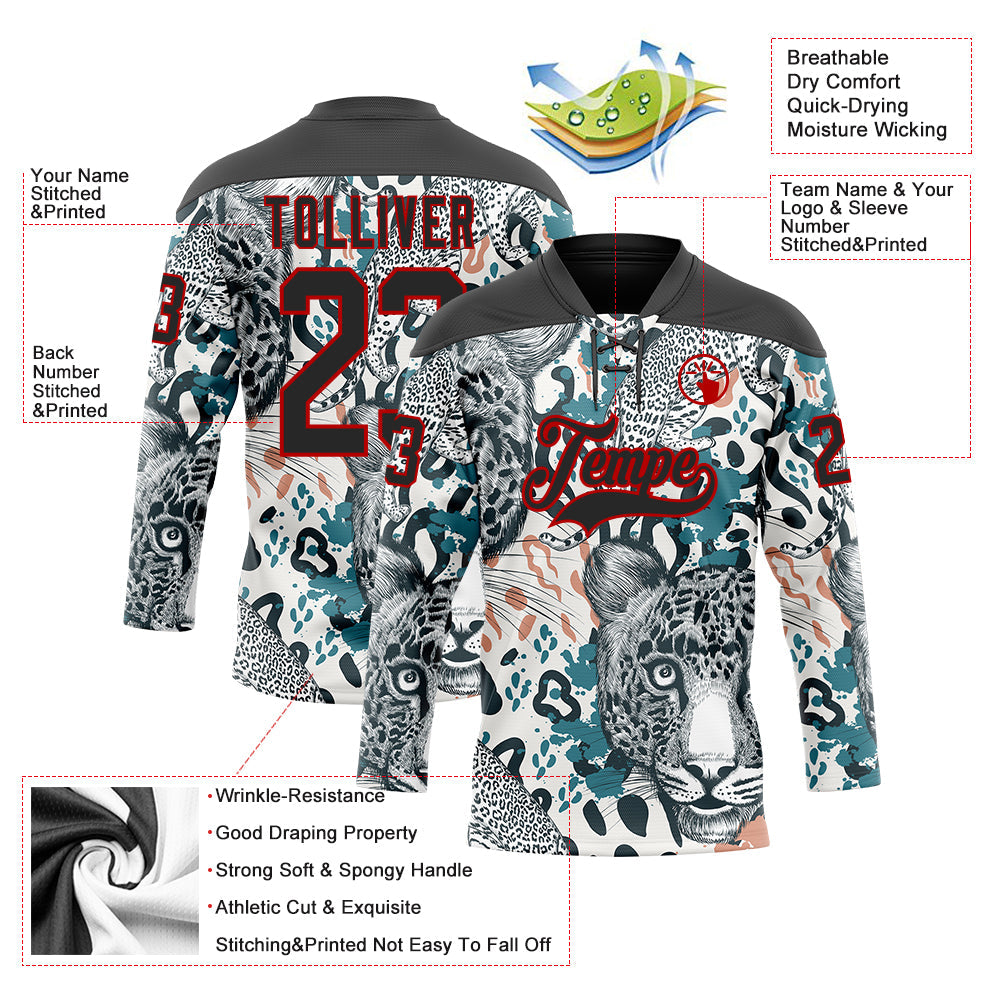 Custom White Black Blue-Red Leopard Hockey Lace Neck Jersey view 5