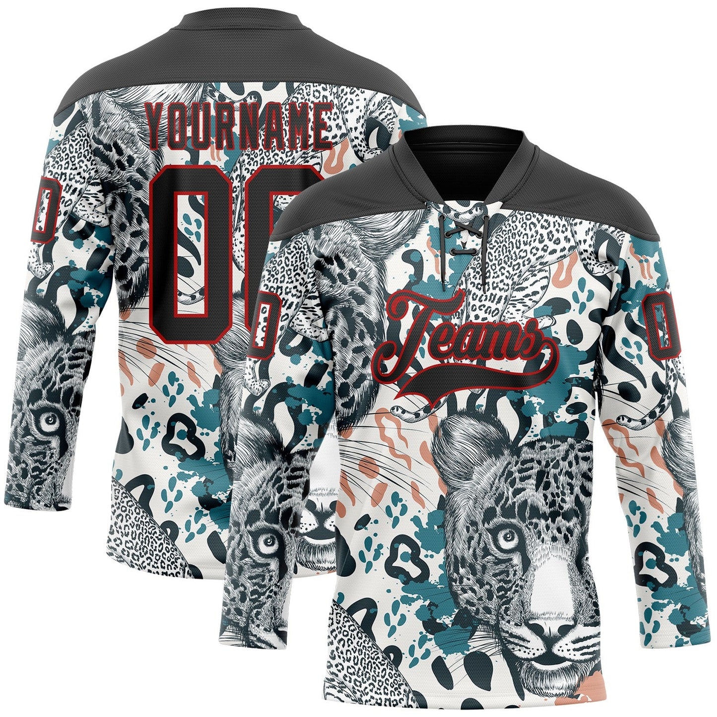 Custom White Black Blue-Red Leopard Hockey Lace Neck Jersey - Main View