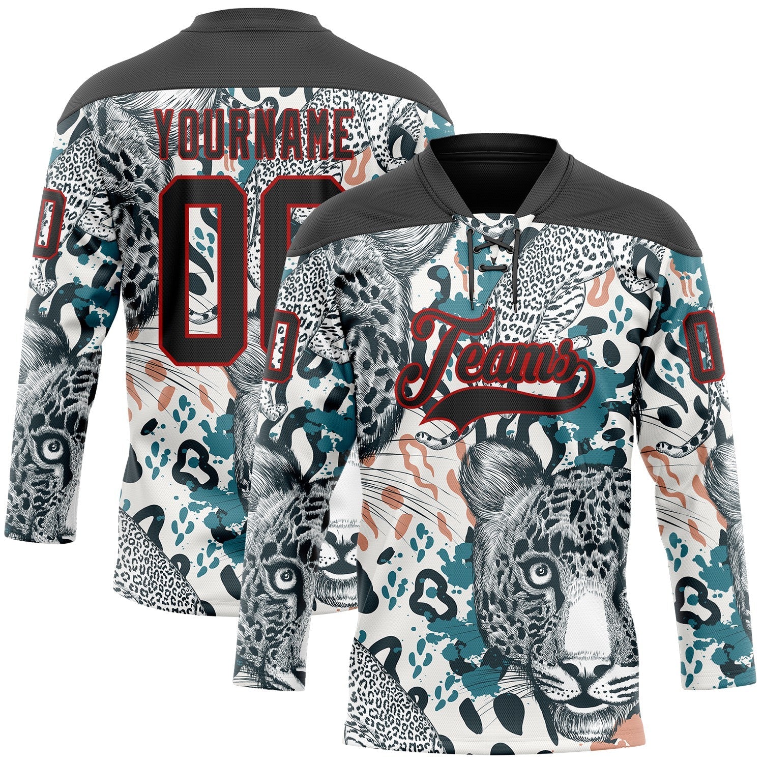 Custom White Black Blue-Red Leopard Hockey Lace Neck Jersey - Main View